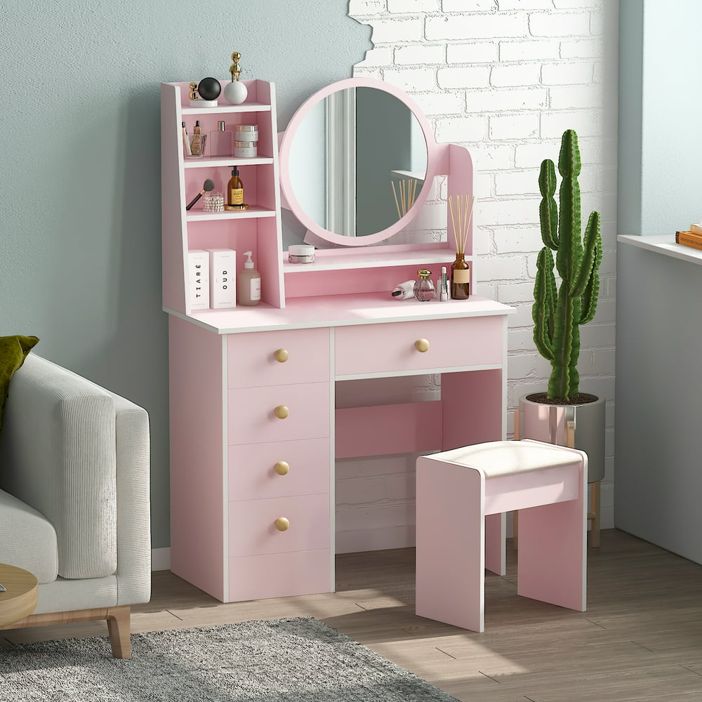 Vanity Set with Mirror, Cushioned Stool, Storage Shelves, Makeup