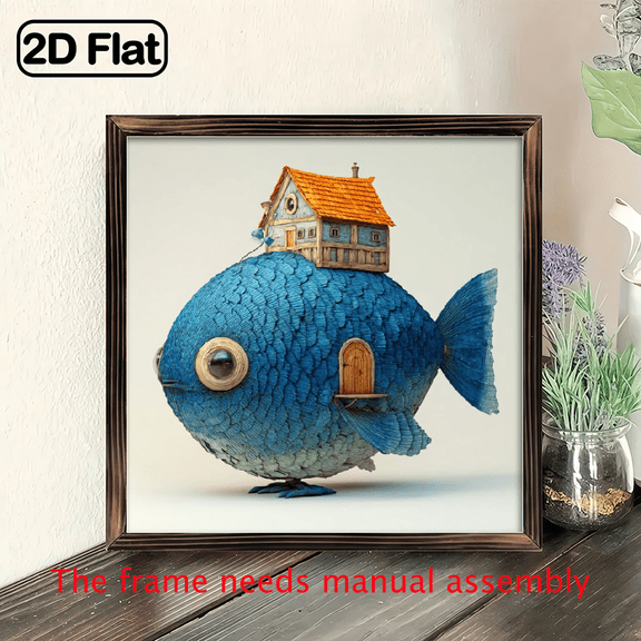 2D Flat, Funny Blue Fish House Wall Decor - with Expressive Eyes - Recycled Wood Hanging Decoration - for Living Room, Bedroom, Christmas, Easter, Valentine's - Whimsical Home Decoration