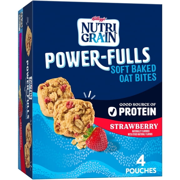 Kellogg's Nutri-Grain Power-Fulls Strawberry Chewy Soft Baked Oat Bites, Protein Snacks, 5.6 oz, 4 Count
