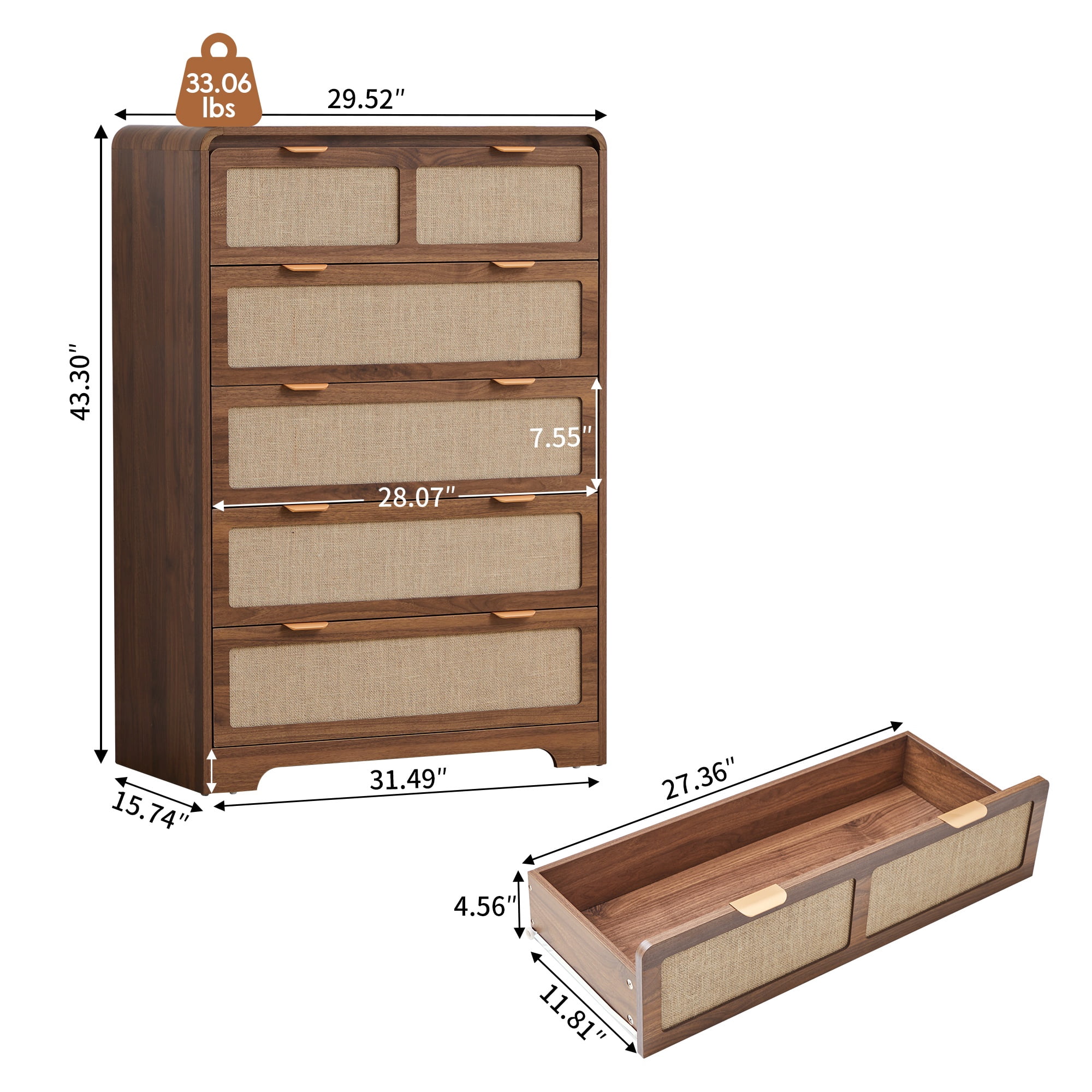 Wirrytor 5 Drawer Tall Rattan Bedroom Dresser, Boho Chest with Chest of Drawers with Curved Edge, Wood Closet Storage Organizer, Walnut