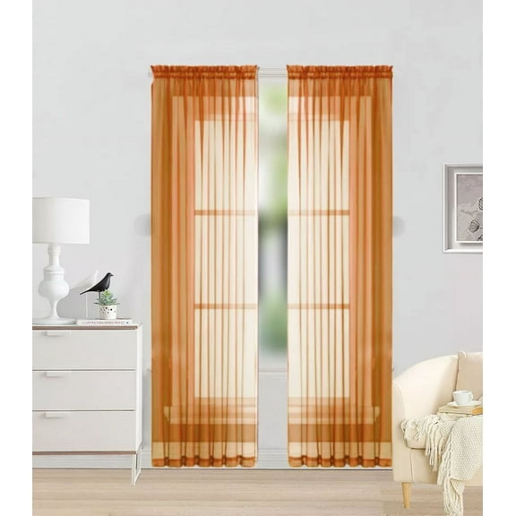 2pc Orange Solid Sheer Voile Window Curtain Set, Two (2) Rod Pocket Panels 55"W x 84"L (Each)