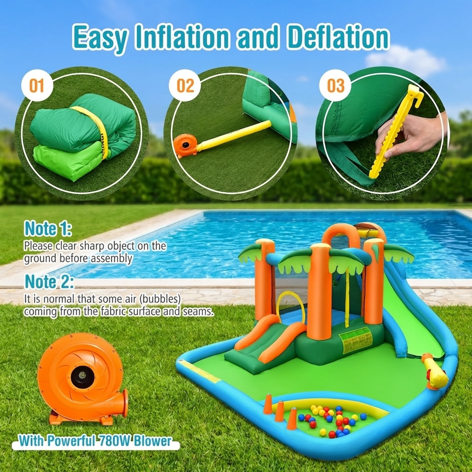 Redsmile 7-in-1 Inflatable Water Slide Park with 780W Blower - Multicolor - Kids Birthday Party - Backyard Fun