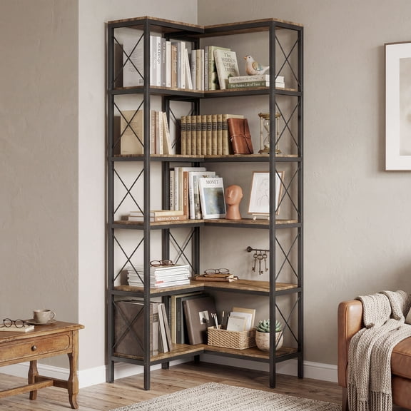 HOMCOM L-Shaped Bookshelf, 5-Tier Corner Bookcase, Rustic Brown