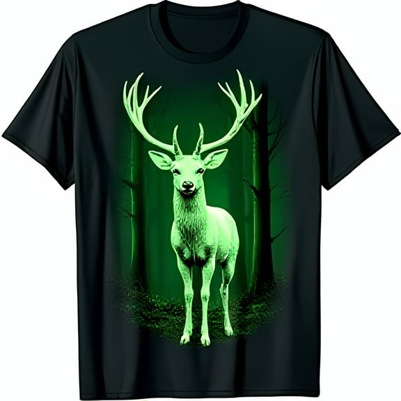 Vibrant Green Deer Graphic T-Shirt Mystical Forest Design on Black Tee