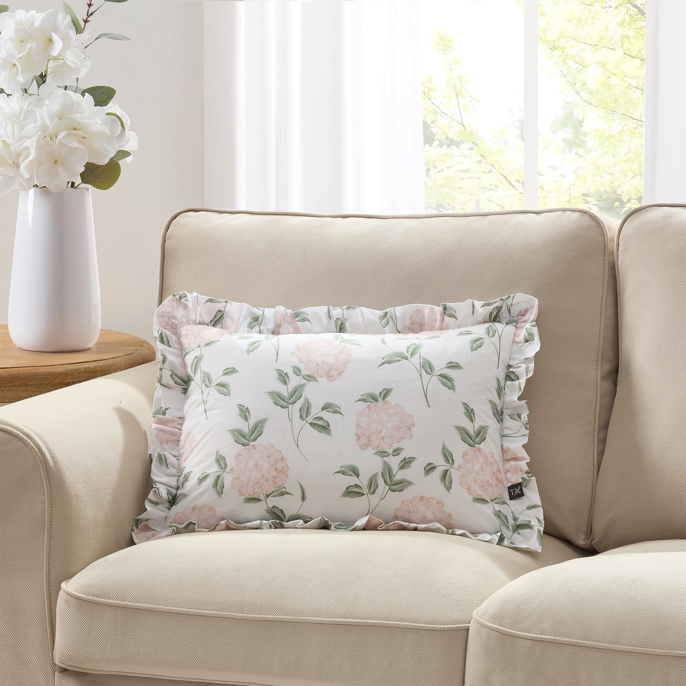 My Texas House 14" x 20" Green/Pink Hydrangea Ruffle Decorative Pillow Cover