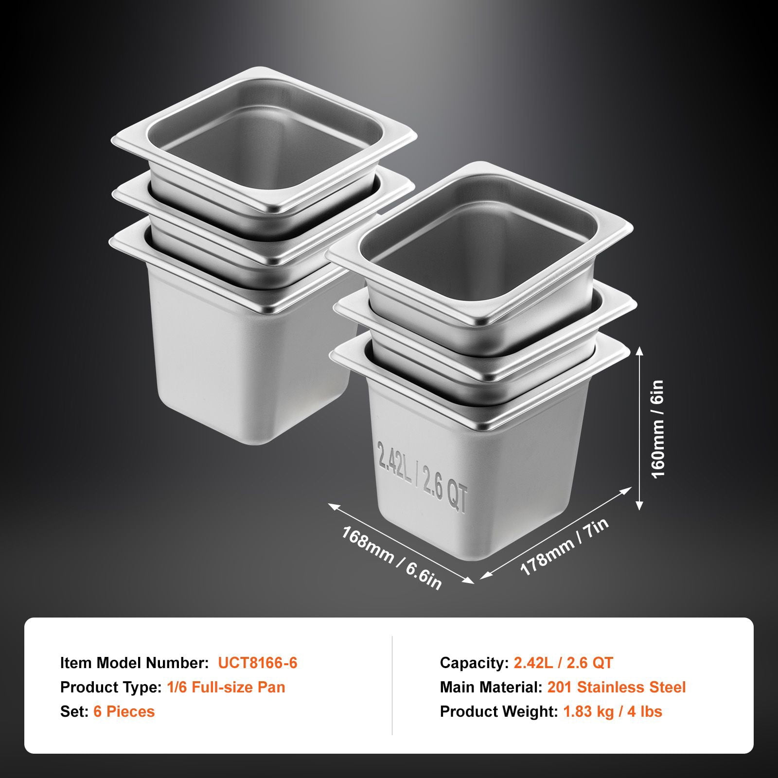 6-Pack 1/6-Size Stainless Steel Steam Table Pans, 6-Inch Depth, Food-Grade SUS201, Heat & Cold Resistant, Anti-Stacking Grooves, for Restaurants, Catering & Buffets