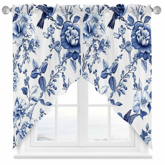 Vintage Dark Swag Valances for Windows 2 Pack Blue Flowers Leaf Hummingbird Rustic Swag Kitchen Curtains 36 Inches Long Rod Pocket Short Window Treatment for Kitchen Bathroom 36"x36"