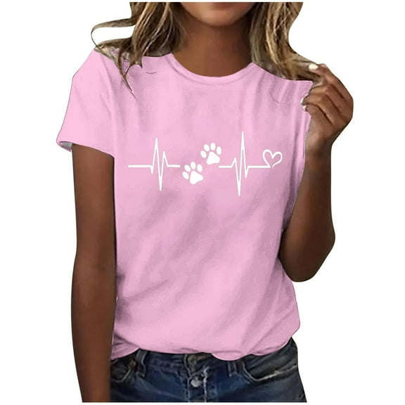 Patlollav Women Tshirts Under $10, Women Summer Short Sleeve Tops Dog Paw Ekg Print Regular Casual Round Neck T Shirt