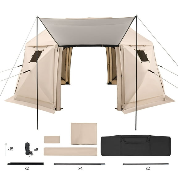 KFFKFF Pop-Up Gazebo Screen Tent, 15 x 15 ft, 13-Sided Dome Camping Canopy with Detachable Roof & Carrying Bag, Easy Setup & Insect-Resistant, Outdoor Sun Shelter for 12-15 People, Beige
