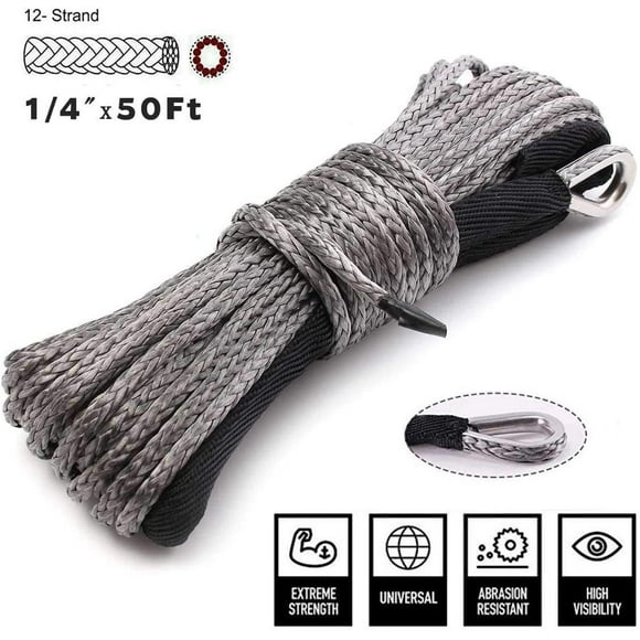 Corde de Treuil en Fibre Synthétique 7700 lbs - Câble Haute Résistance 6mm x 15M UHMWPE avec Construction Polymère 1/4 Pouces pour Treuil Électrique et Remorquage, Jaune