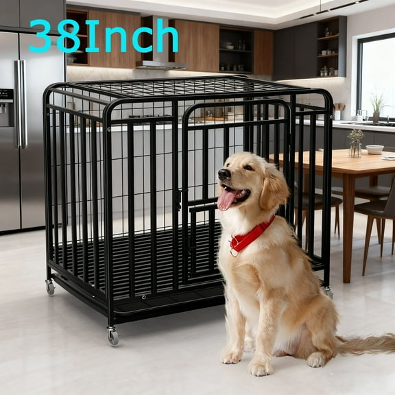 Dog Crate Cage with Wheels,38 inch Heavy Duty Dog Crate Cage,Large Metal Dog Cage with Removable Tray,Dog Crates for Small/Medium and Large Dogs