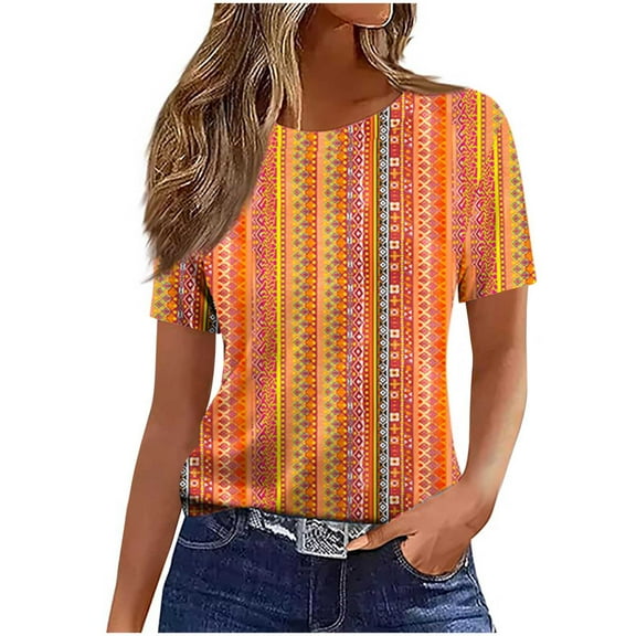Floral Printed Tops for Women Summer Casual Crew Neck Short Sleeve Shirts Fashion Loose Pullover Basic Blouses (XL, Orange)