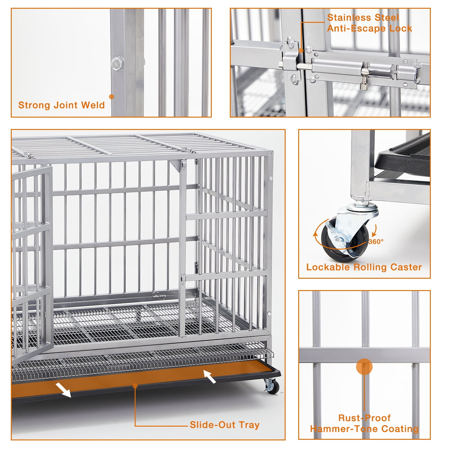 TIME RAY 48 inch Heavy Duty Dog Crate,Indestructible High Anxiety Dog Crate for Outdoor and Indoor with Lock, Double Door & Removable Tray, Silver