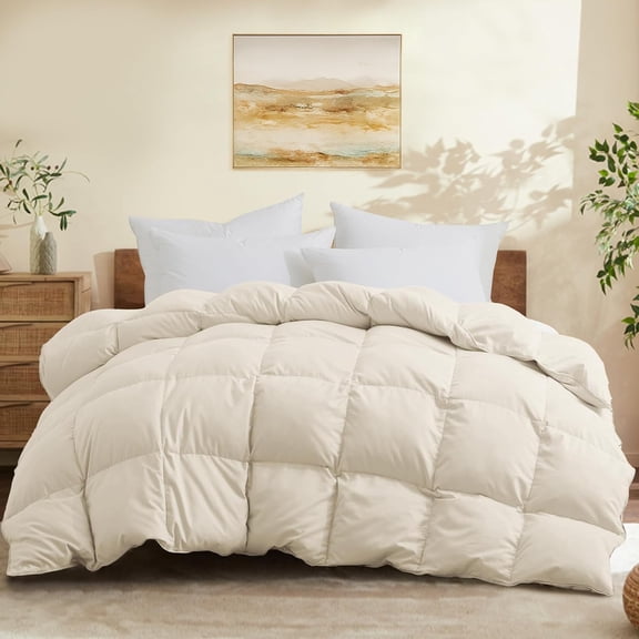 Queen Size Down Comforter - All Season Ultra Soft Goose Down & Feather Fiber Fill, Luxury Hotel Cream Duvet Insert with Corner Tabs (88" X 88")