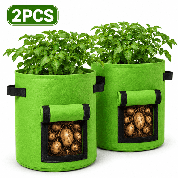 Potato Grow Bags, 2 Pack 10 Gallon Heavy Duty Fabric Pots with Handles, Green Perfect for Garden Patio Potato Vegetable Plant Container, Premium Breathable Cloth Planting Bags