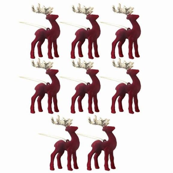 Set of 8 Christmas Reindeers Ornament with Hanging Lanyard Flocking Miniature Deer Pendants for Festives Decorations
