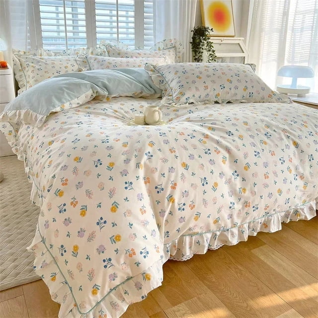 Floral Blanco Azul Ruffles 100% Algodón 3Pc Juego de Cama