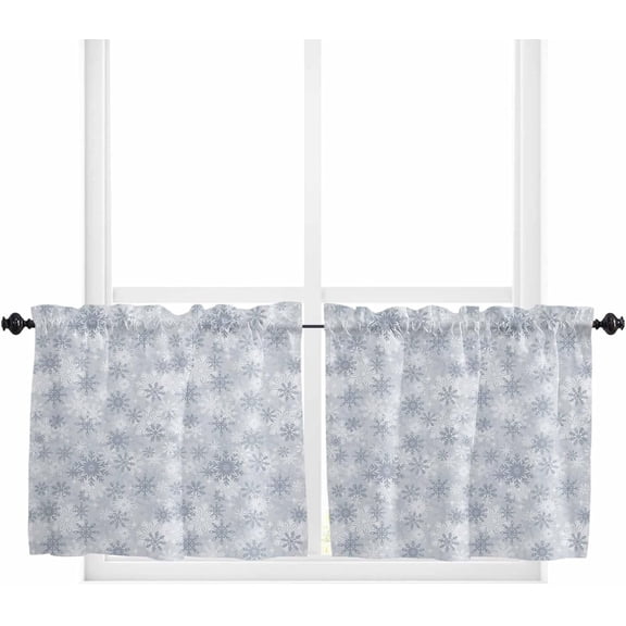Grey Snowflake Kitchen Curtain 2 Panels Tiers Curtains 24 Inch Length, Christmas Snowflake Gray White Curtains Rod Pocket Curtains Window Drapes Treatment Window Cafe Curtains