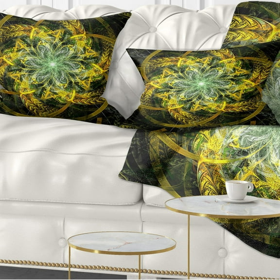 Designart Yellow and Green Fractal Flower - Abstract Throw Pillow - 12x20