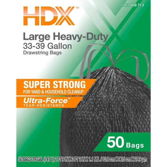33-39-Gal. Black Heavy Duty Drawstring Trash Bags with 20% PCR (50-Count)