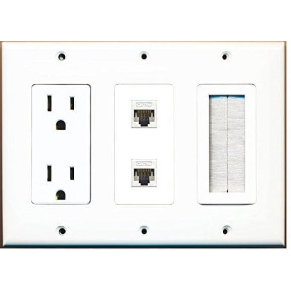 RiteAV - (3 Gang 15A Power Outlet Mesh-Brush 2 Cat5e White Wall Plate White