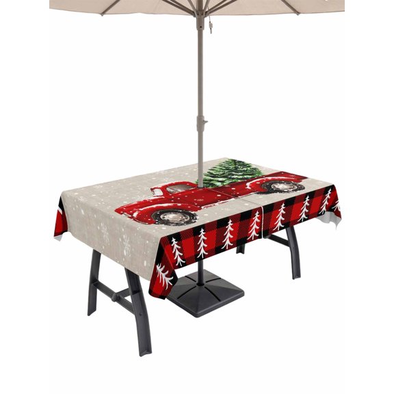 Outdoor Tablecloth with Umbrella Hole and Zipper, Red Truck Christmas Rectangle Table Cloth 54x80 Inch Waterproof Tablecloth, Red Black Plaid Xmas Tree Rustic Picnic Table Cover for Patio Camping