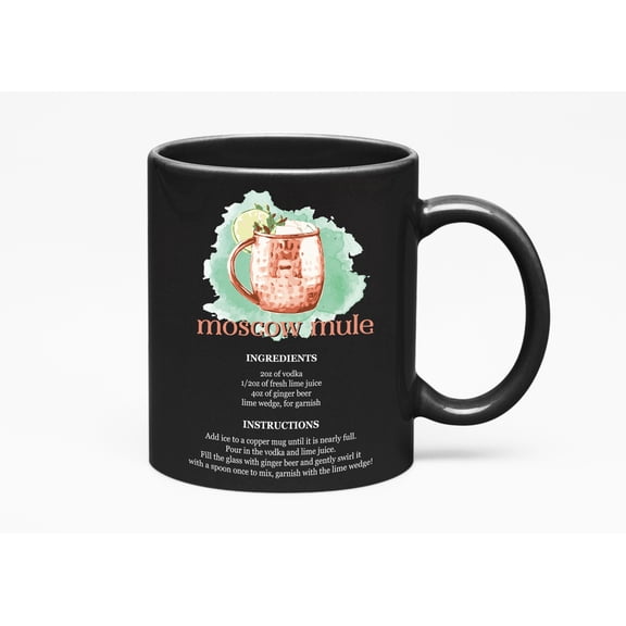 Moscow Mule Cocktail Art & Drink Recipe, Bartender, Black 11oz Ceramic Mug
