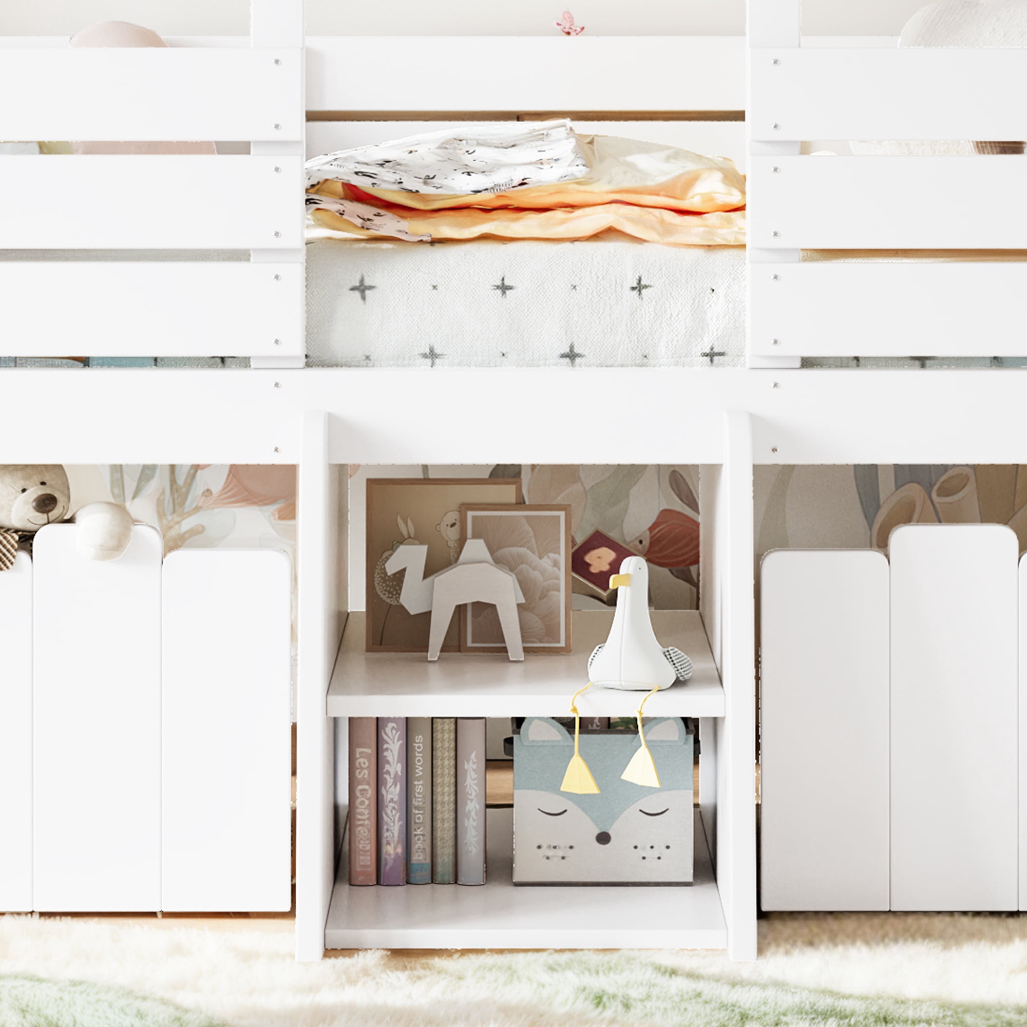 Leumius Twin House Loft Bed with Cute Stairs and 2 Storage Drawers, Farmhouse Low Loft Bed with House Shaped Roof, Childlike and No Box Spring Needed Design White