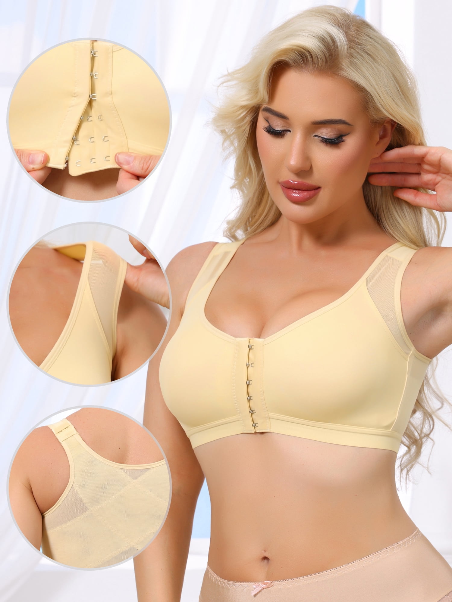 DARING DIVA Women's Front Closure Mesh Wireless Bralette L Beige