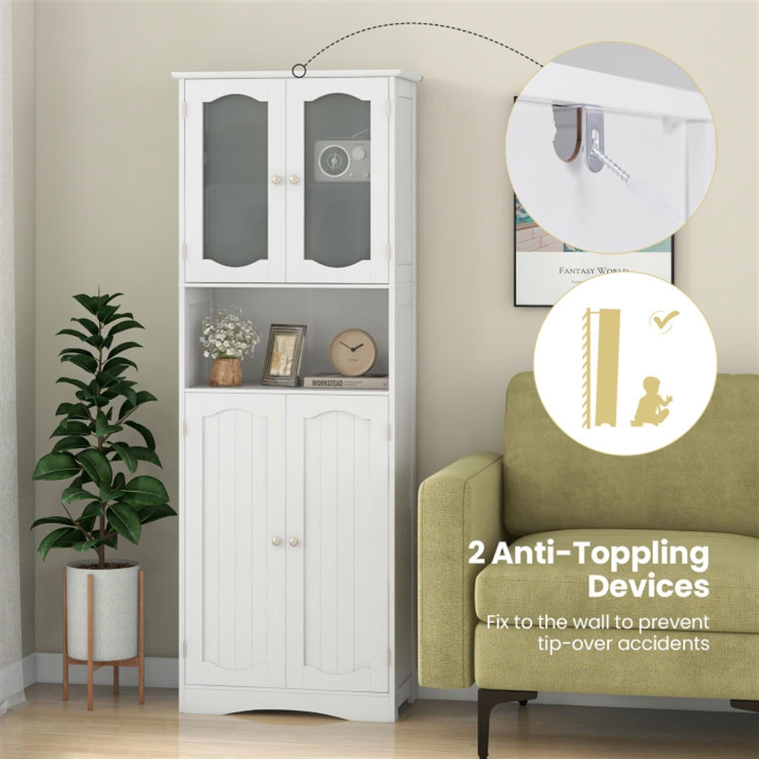 Demi Bonn 64.5" Tall Freestanding Bathroom Storage Cabinet with Frost Glass Doors and Shelves, Pantry Cabinets, White