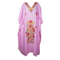 Mogul Women Pink Maxi Kaftan Floral Embroidered Kimono Sleeves Resort Wear Cover Up Housedress Caftan 3XL