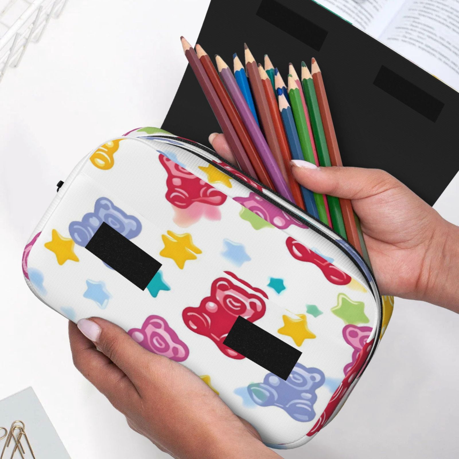Large-Capacity Flip-Top Double-Layer Pencil Case, Multi-Functional Pocket Pen Case, Durable Stationery Organizer Little Bear Gummy Bears