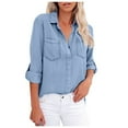 thumbnail image 2 of ICHUANYI Clearance Women Casual V -neck Pocket Back Split Long Sleeved Shirt(Blue, L) ICHUANYI WER2023080705046, 2 of 9