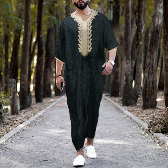 Fridja Men's Muslim Thobe Short Sleeves Robe Vintage Ethnic Style Print V Neck Long Night Gown Shirt Loungewear(Black,M)(Black,M)