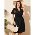thumbnail image 2 of SHOWMALL Women's Plus Size Dress, Crossover Wrap V Neck Summer Dress with Pockets, Black 4X Elastic High Waist A-Line Casual Party Work Dress, 2 of 7