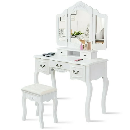 Costway Tri Folding Makeup Dressing Table Vanity Set 5 Drawers Living Room White Canada Makeup Dressing Table Vanity Set, Vanity Desk Combo Black And White