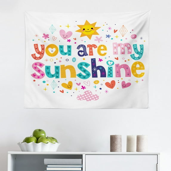 Saying Tapestry, Heart Shaped Sunshine Words Stars Circle Sun Cloud Design Composition Print, Fabric Wall Hanging Decor for Bedroom Living Room Dorm, 2 Sizes, Multicolor, by Ambesonne