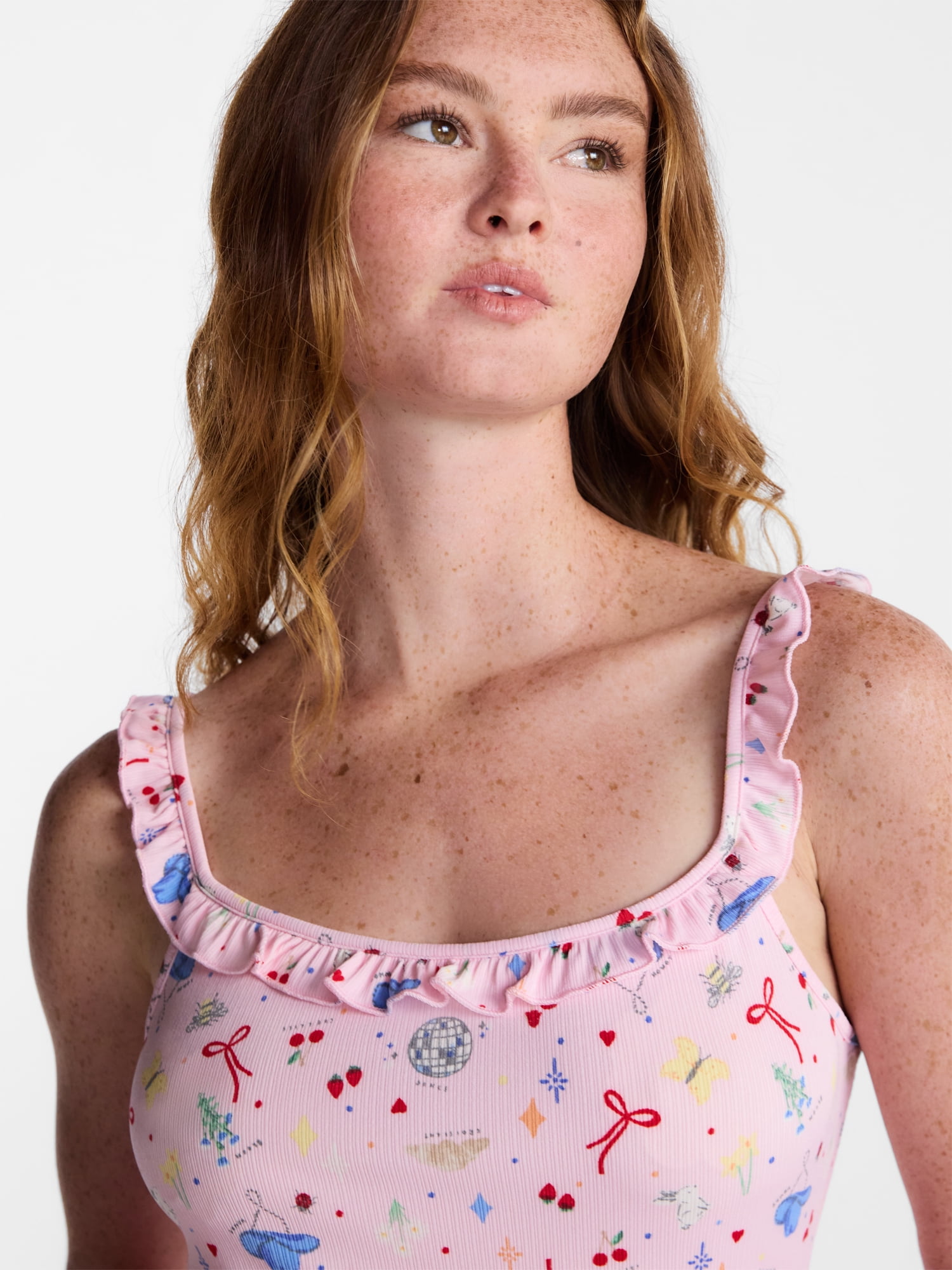 No Boundaries Ruffle Tank Top and Shorts Sleep Set, 2-Piece, Women's XS-XXL