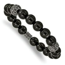 Primal Steel Stainless Steel Antiqued and Polished Black Agate Beaded Stretch Bracelet
