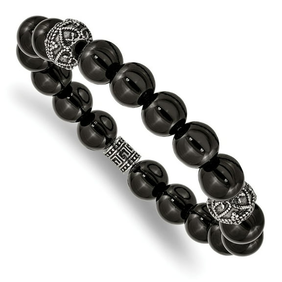 Primal Steel Stainless Steel Antiqued and Polished Black Agate Beaded Stretch Bracelet