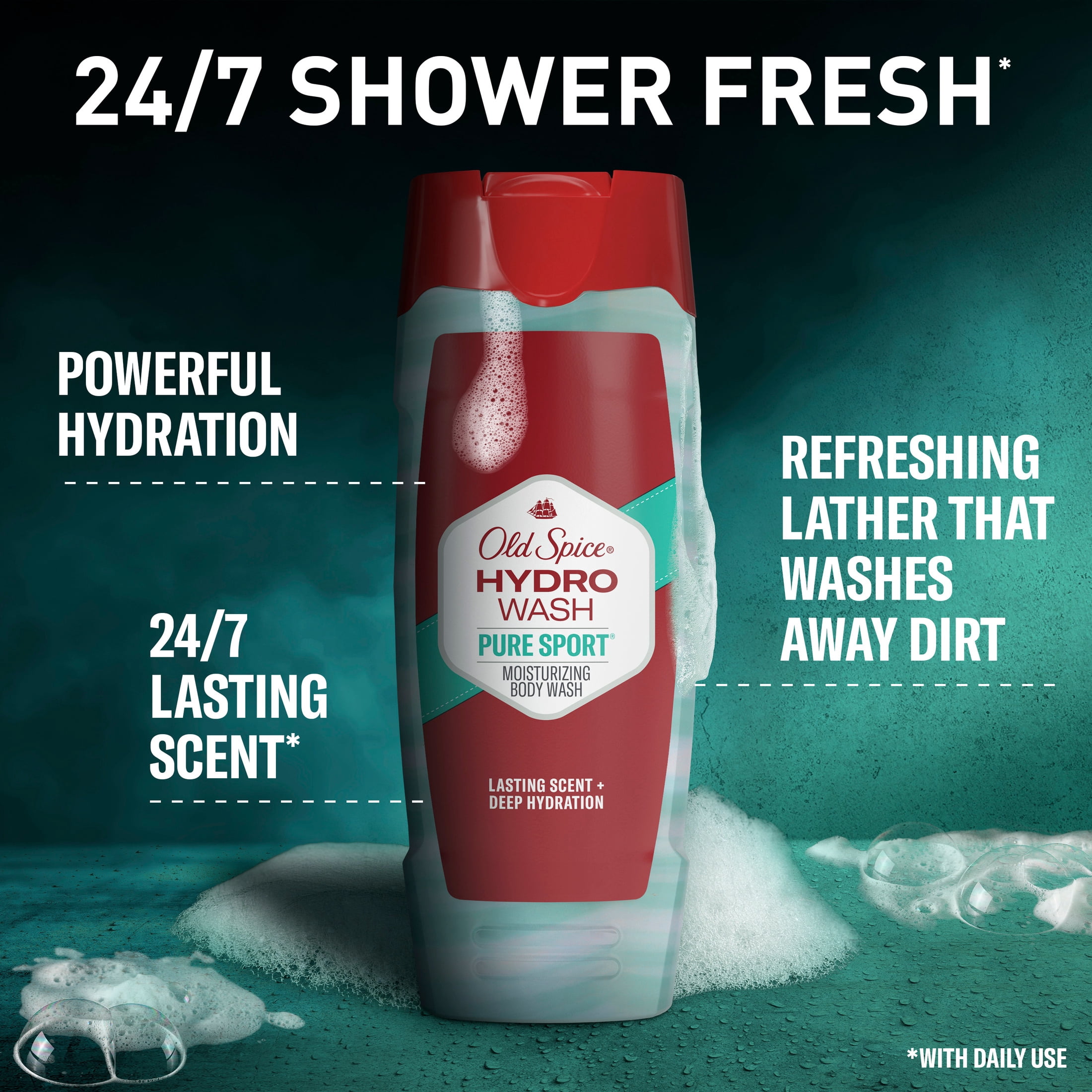 (4 pack) Old Spice Body Wash for Men, Hydro Wash Pure Sport, 24/7 Shower Fresh, 21 fl oz