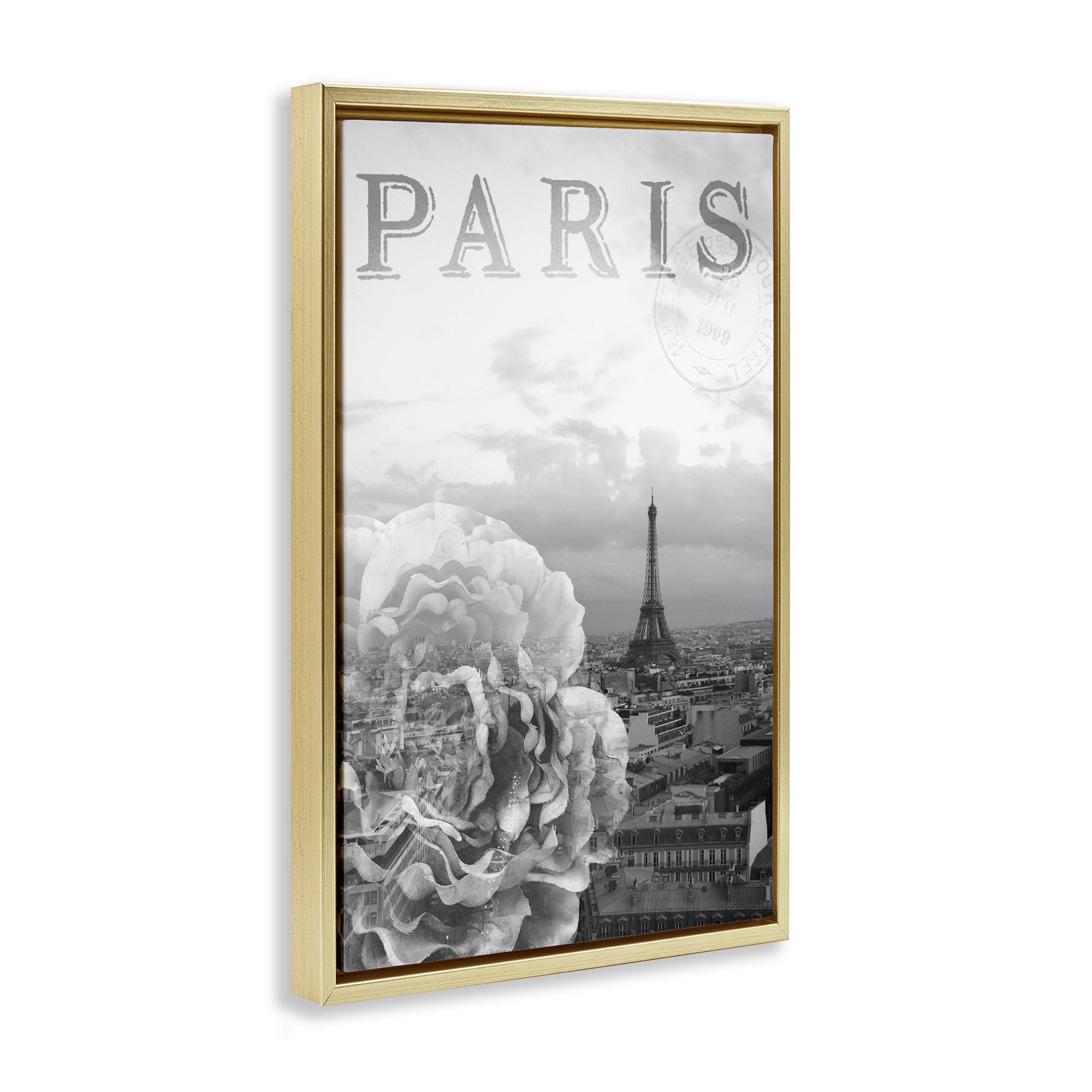 Stupell Industries Paris Postcard in Monochrome Gold Framed Floater Canvas Wall Art, design by Emily Navas