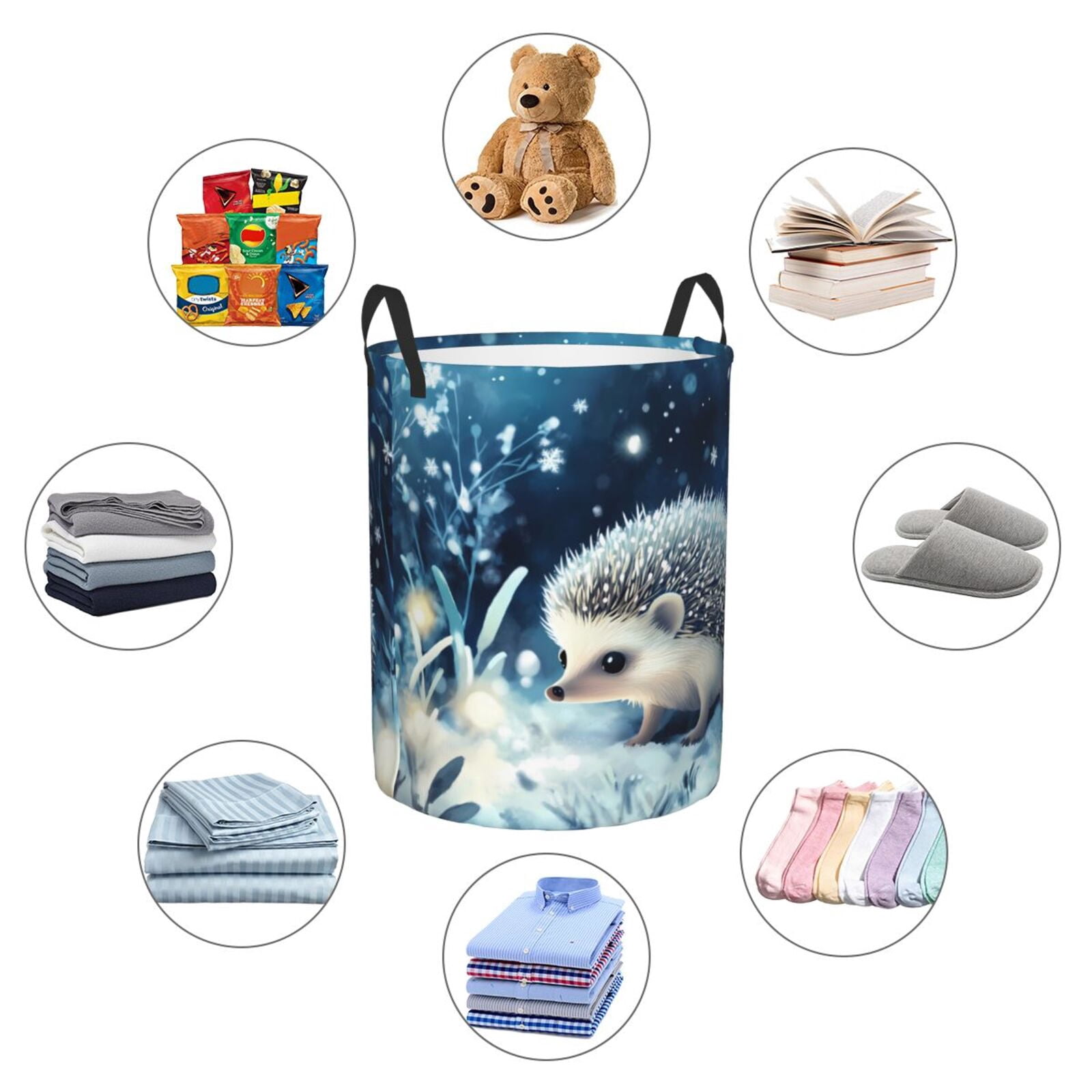 Large Laundry Basket with Handles - Winter Hedgehog Snowflakes Kids Baby Dirty Clothes Laundry Hamper for Bedroom Aesthetic