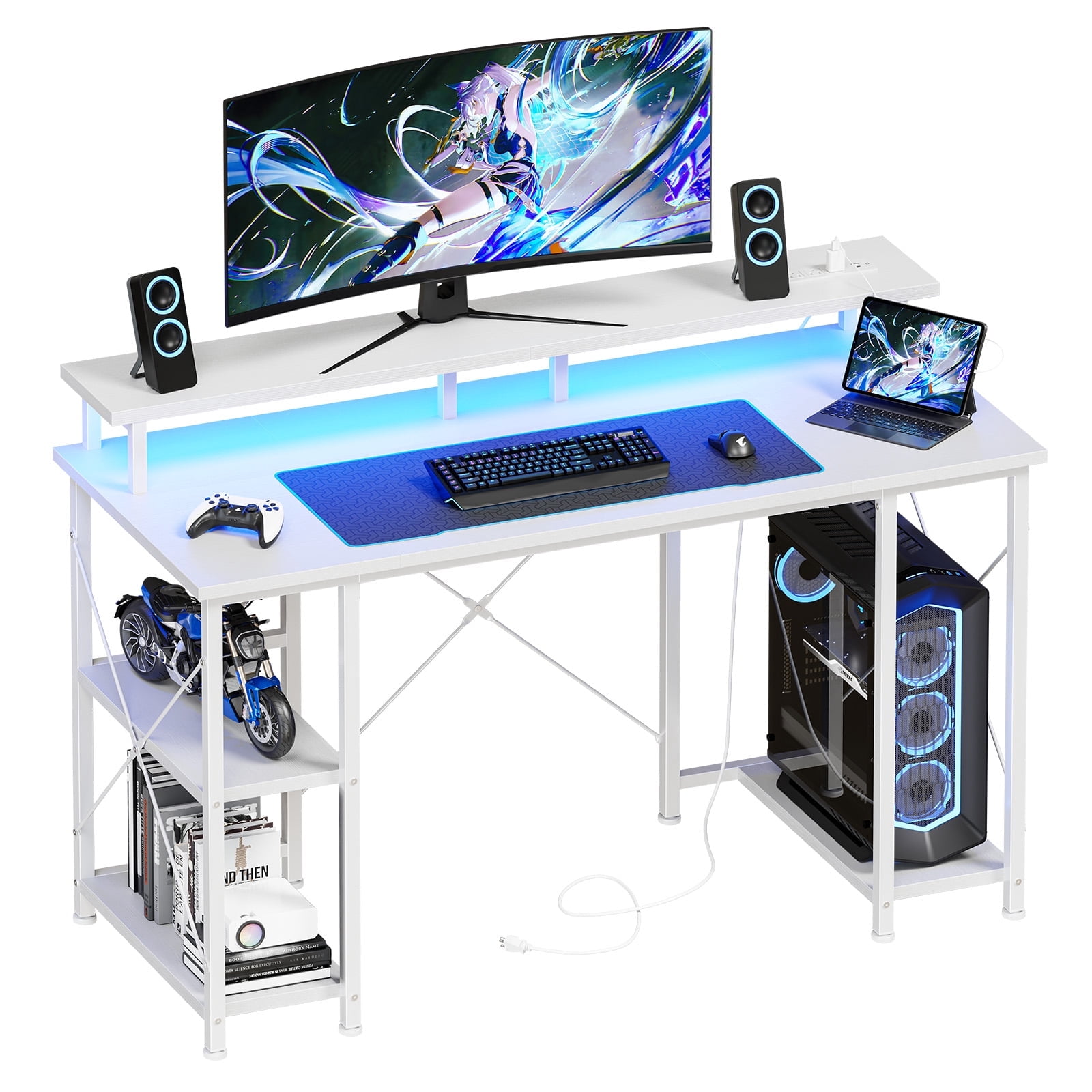 SWEETCRISPY Computer Gaming Desk, Ergonomic PC Gaming Table with Power Outlet & Monitor Stand for Home Office, White