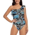 thumbnail image 2 of Picia Blue Excavator Pattern Women's One Piece Swimsuits,One Shoulder Swimwear Asymmetric ,Ruffle Monokinis Bathing Suits,High Waisted Flattering Bathing Suits-, 2 of 8
