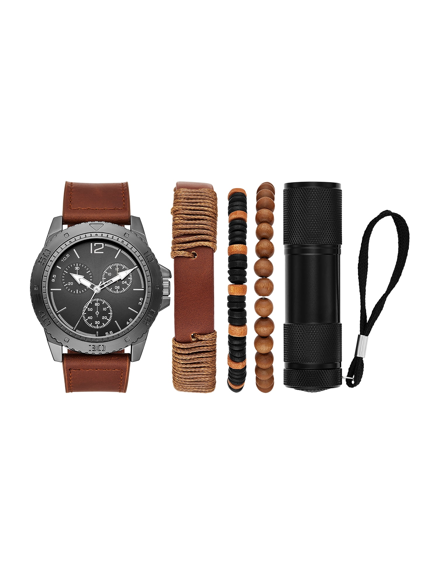 Folio Men's Gunmetal Tone Round Analog Watch with Brown Faux Leather