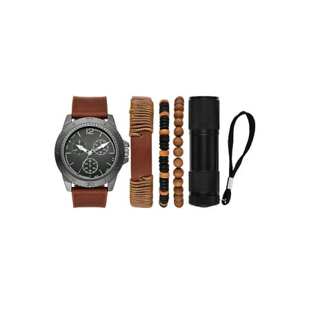 Folio Men's Gunmetal Tone Round Analog Watch with Brown Faux Leather Strap, Layered Bracelets and Black Flashlight Gift Set (FMDAL1163)