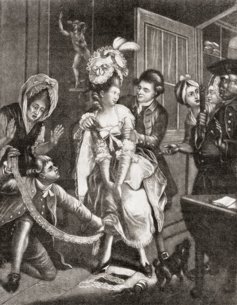 The Shoplifter Detected after John Collett 1787 A woman caught shoplifting is found to have lace hidden under her skirts From Illustrierte Sittengeschichte vom Mittelalter bis zur Gegenwart by Eduard