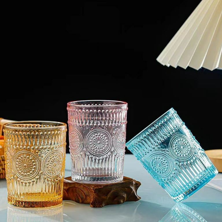 Embossed Drinking Glasses Set of 4 Classic Hand-carved Diamond
