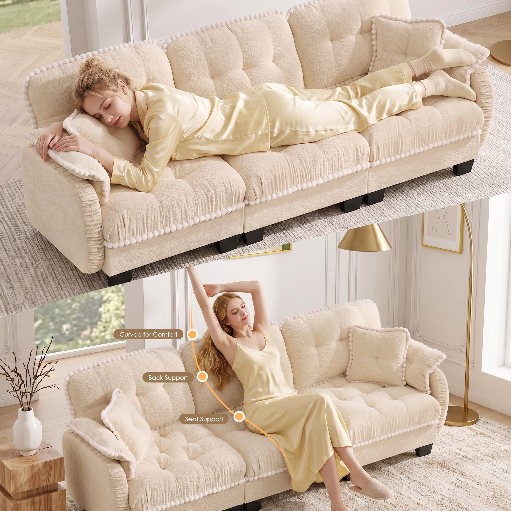 Anpport Modern Aesthetic Cream 3-Seater Chenille Sofa, Quilted Tufted Couch with Pom-Pom Trim, Includes 4 Throw Pillows for Small Space, Apartment, Office & Living Room